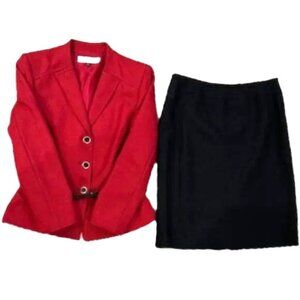 Tahari ASL Crimson Red and Black 2-Piece Belted Skirt Suit - Size 6